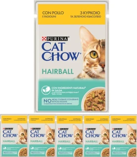 6 x PURINA CAT CHOW Hairball Karma z kurczakiem i zieloną fasolką w sosie 85 g